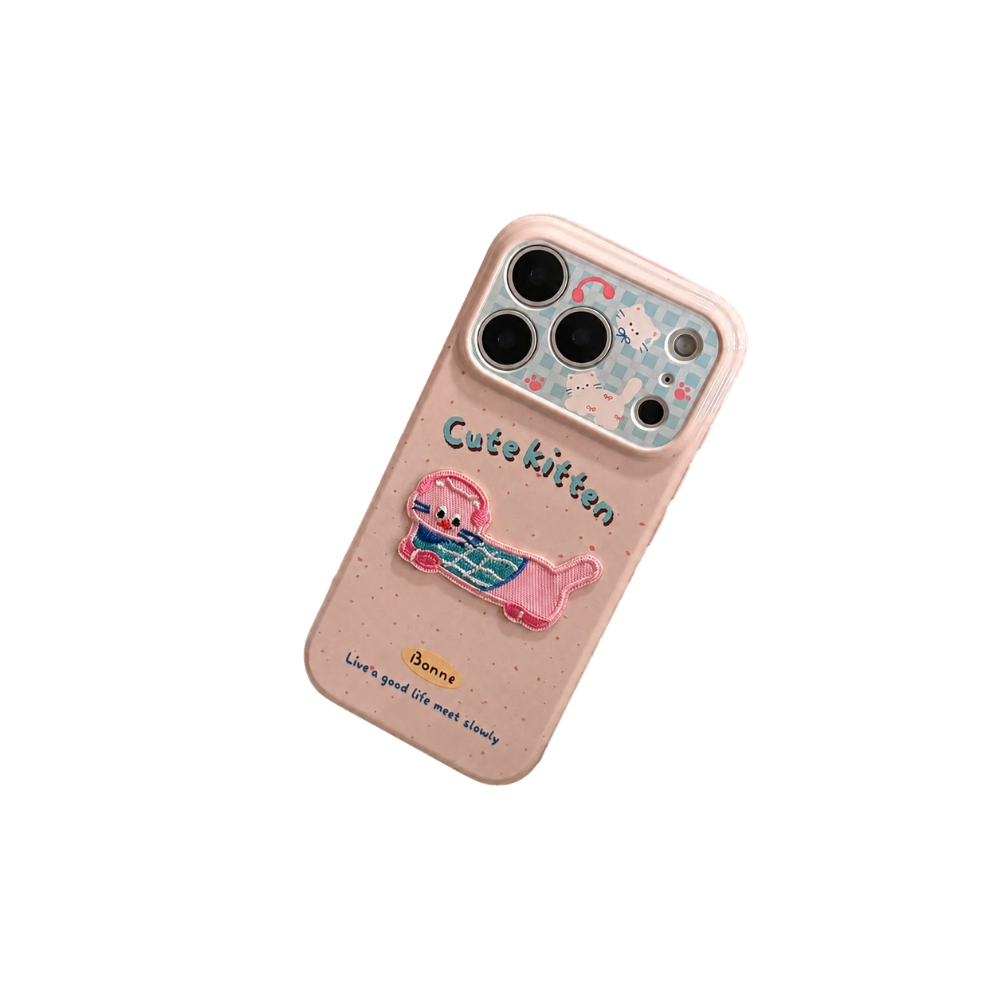Korean Pink Splashed Ink 3D Cute Cartoon Embroidery Kitten Soft Phone Case For iPhone