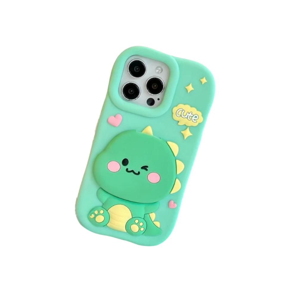 Cute Dinosaur Case Soft Silicone Cover With Holder & Mirror For iPhone