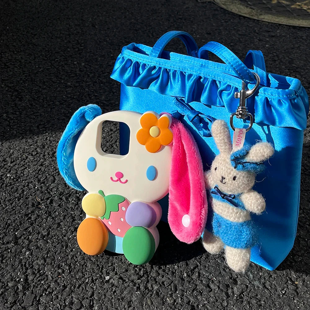 Rainbow Bunny Rabbit Soft Silicone Case 3D Cartoon Shockproof Cover With Strap Ear Phone Case