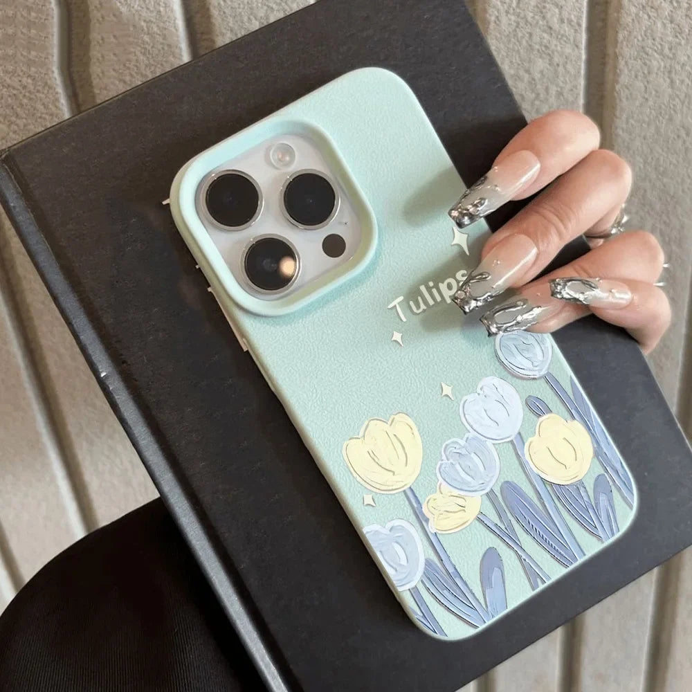 Tulip Flower Matte Candy Color Soft Leather Back Cover Funda Phone Case