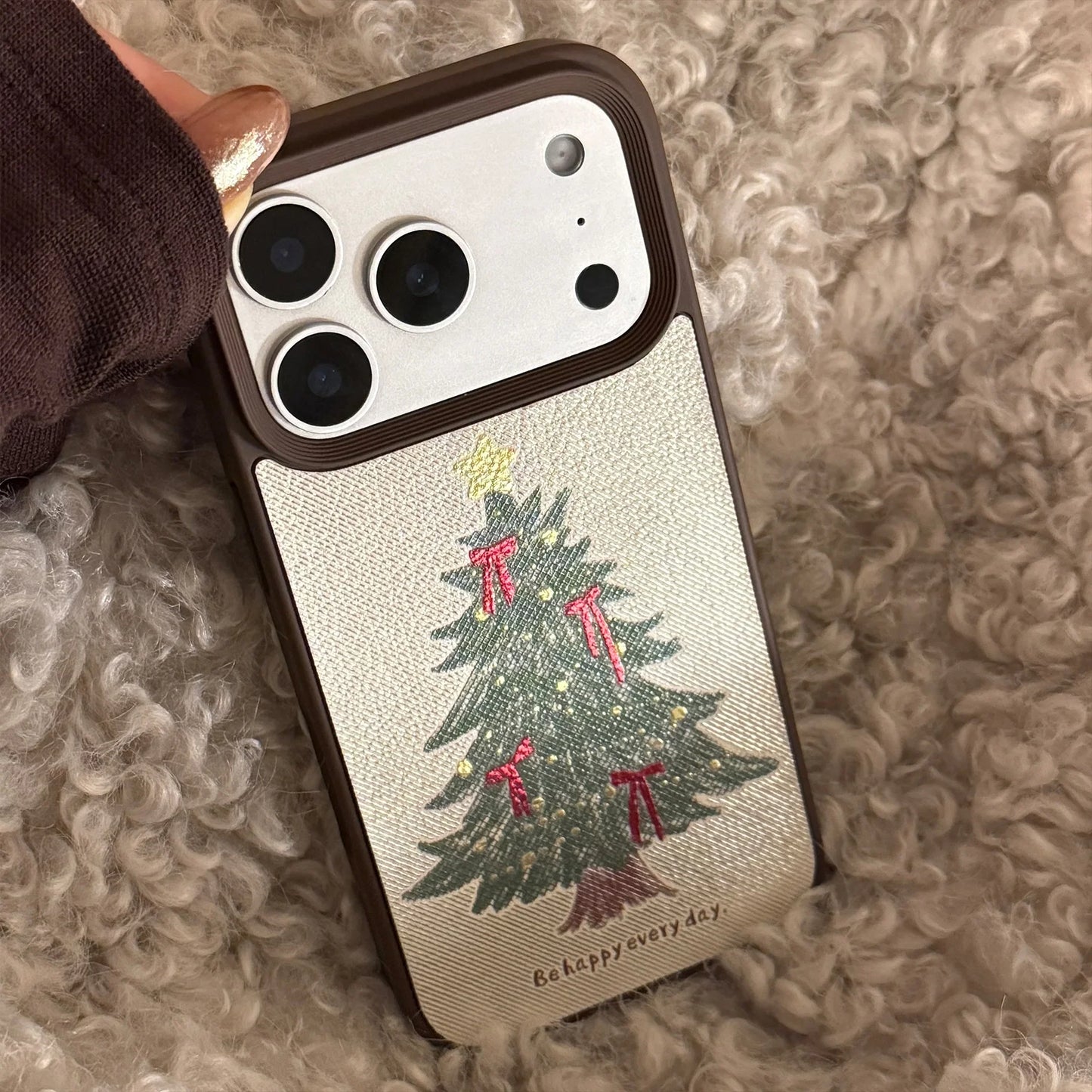 Korean Bowknot Christmas Tree Pattern Leather Texture Phone Case For iPhone
