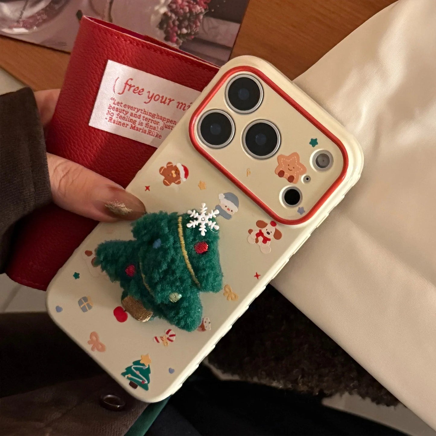 Korean 3D Cartoon Christmas Tree Plush With Chain Phone Case For iPhone