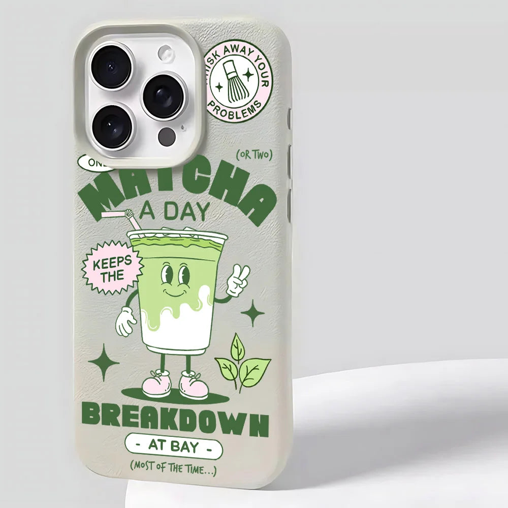 Matcha Milk Tea Lichee Leather Pattern Phone Case For iPhone