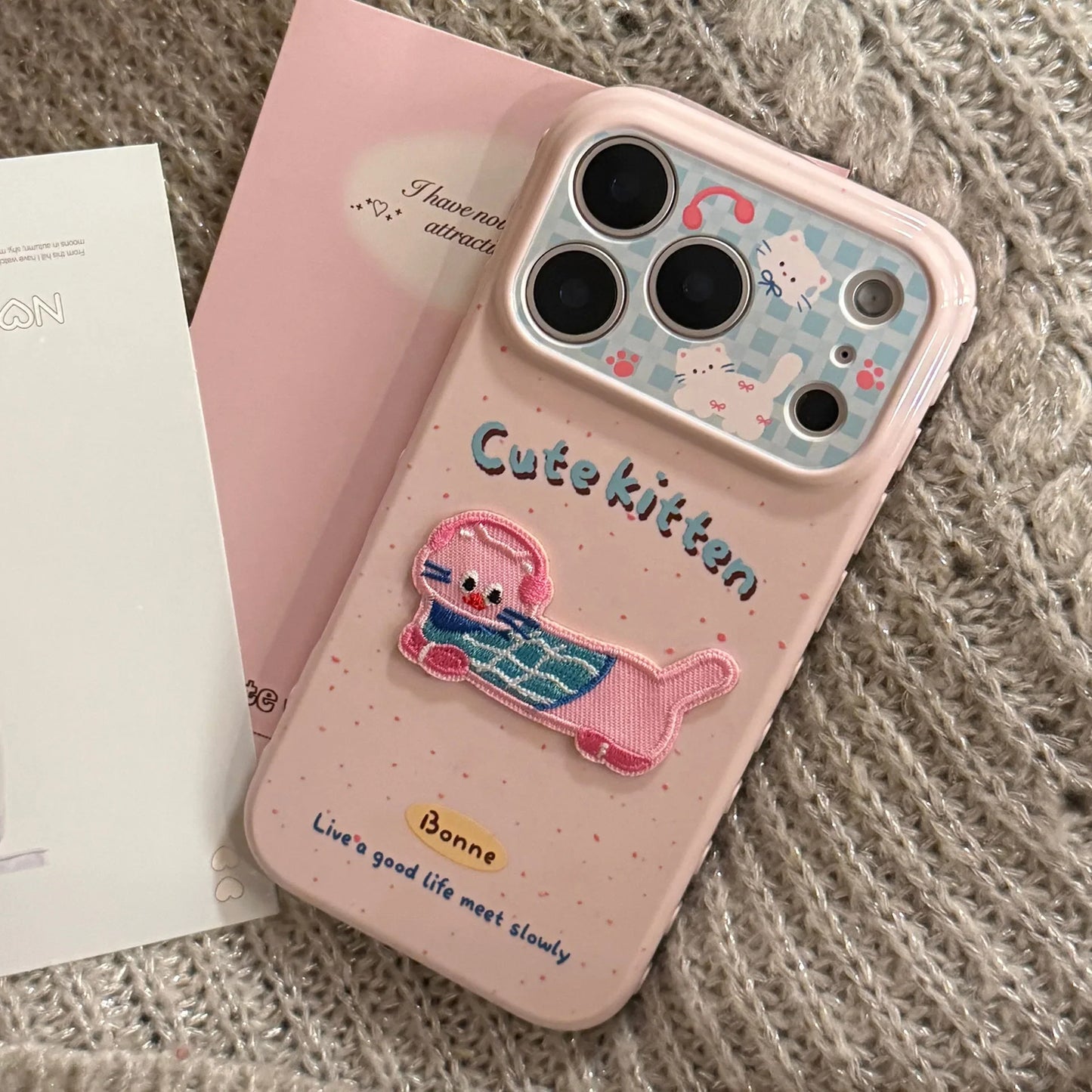 Korean Pink Splashed Ink 3D Cute Cartoon Embroidery Kitten Soft Phone Case For iPhone