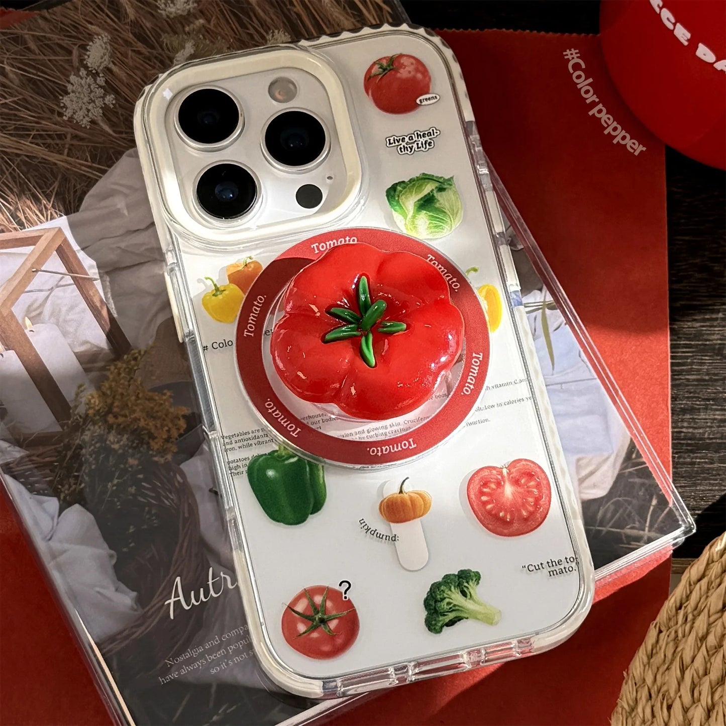 Korean Vegetable 3D Cartoon Tomato Bracket Magnetic Phone Case For iPhone