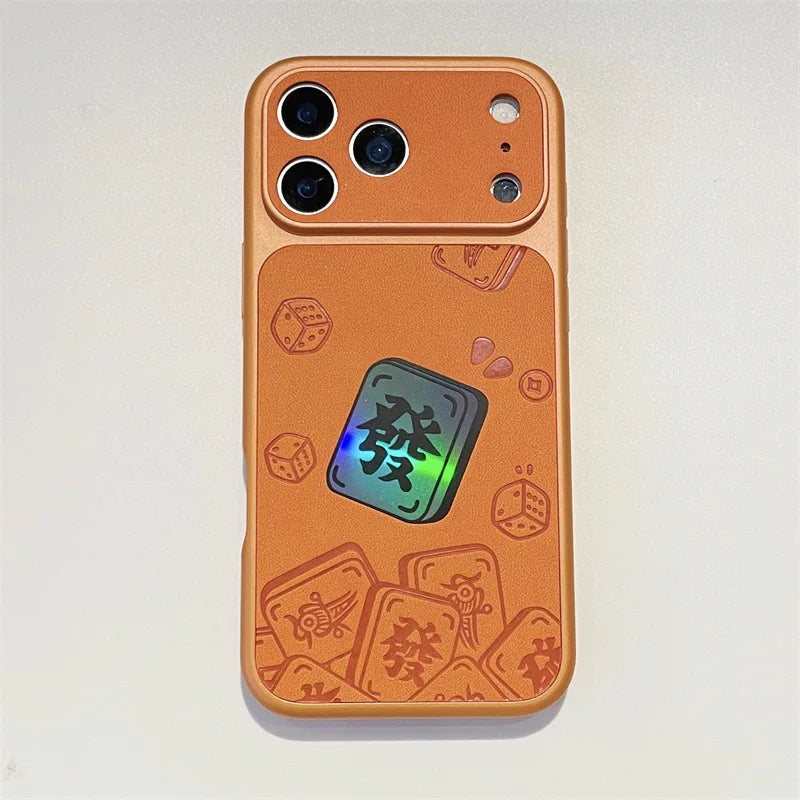 Luxury Cartoon Mahjong Get Rich Laser Leather Texture Couple Phone Case For iPhone