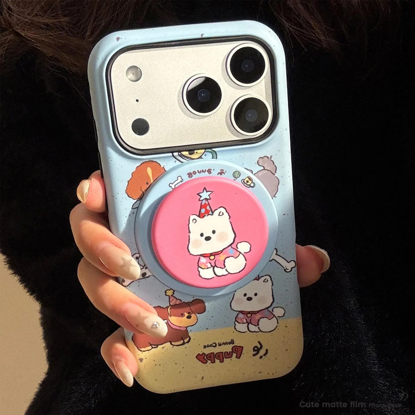 Cute Splash-ink Cartoon Puppy Magnetic Holder Phone Case For iPhone