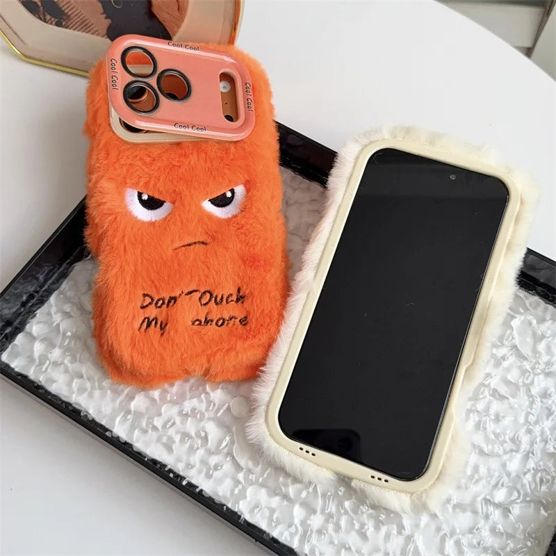Cartoon Angry Face Expression Fluffy Plush Phone Case For iPhone