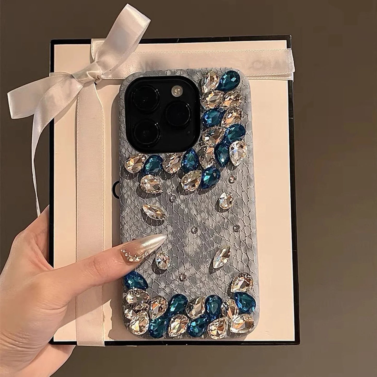 Snake-Print Skin Rhinestone Phone Case