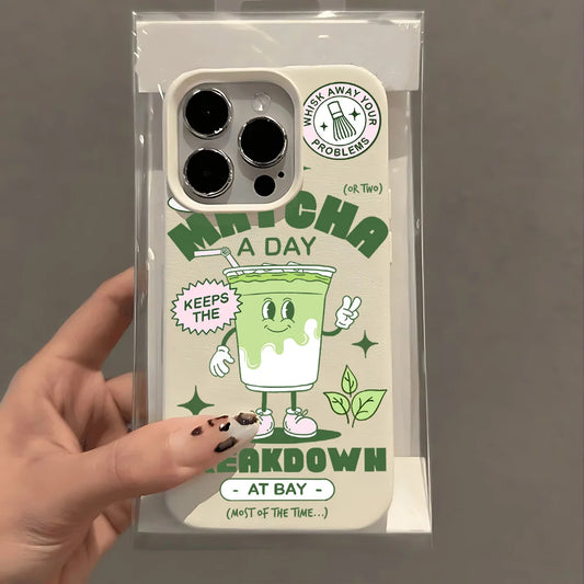 Matcha Milk Tea Lichee Leather Pattern Phone Case For iPhone