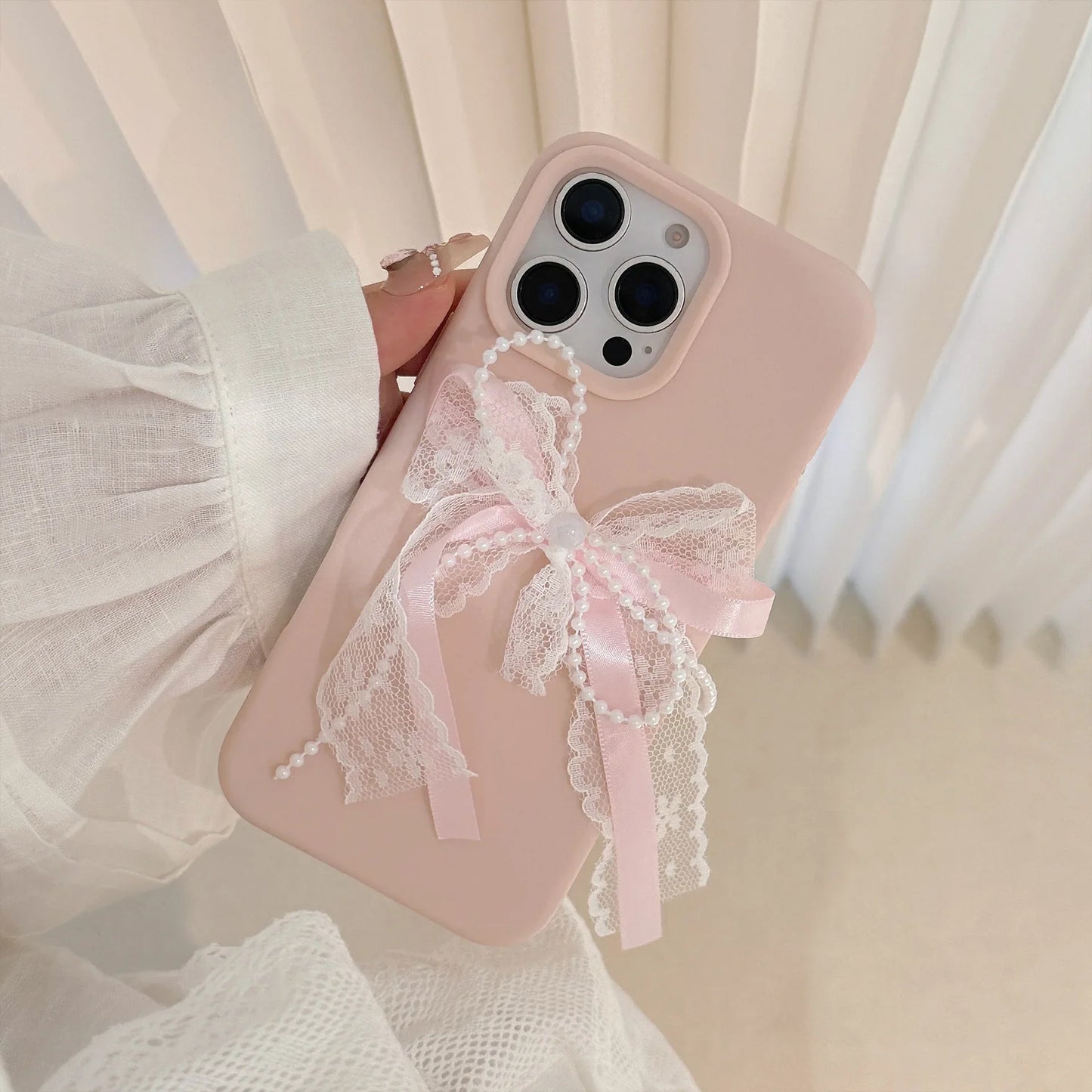 Korean Cute 3D Pearl Lace Silk Ribbon Bow Phone Case For iPhone