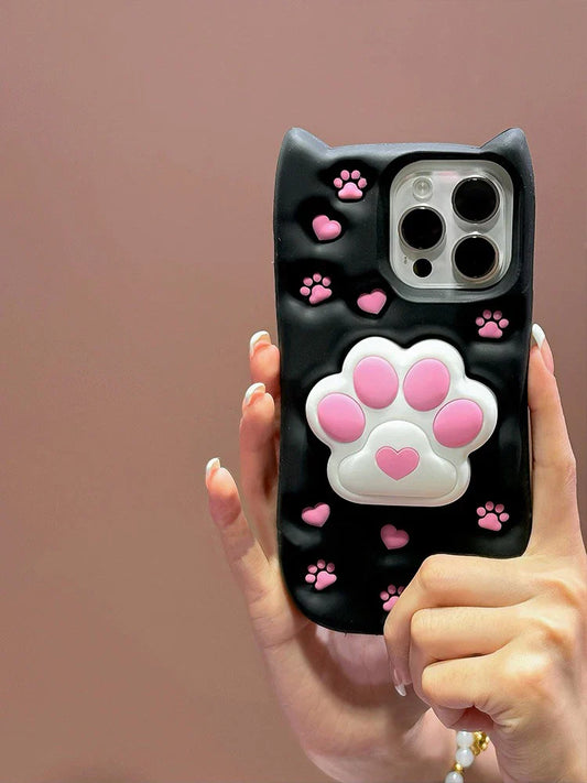 Cartoon Cute 3D Cat Paw Bracket Soft Silicone Phone Case