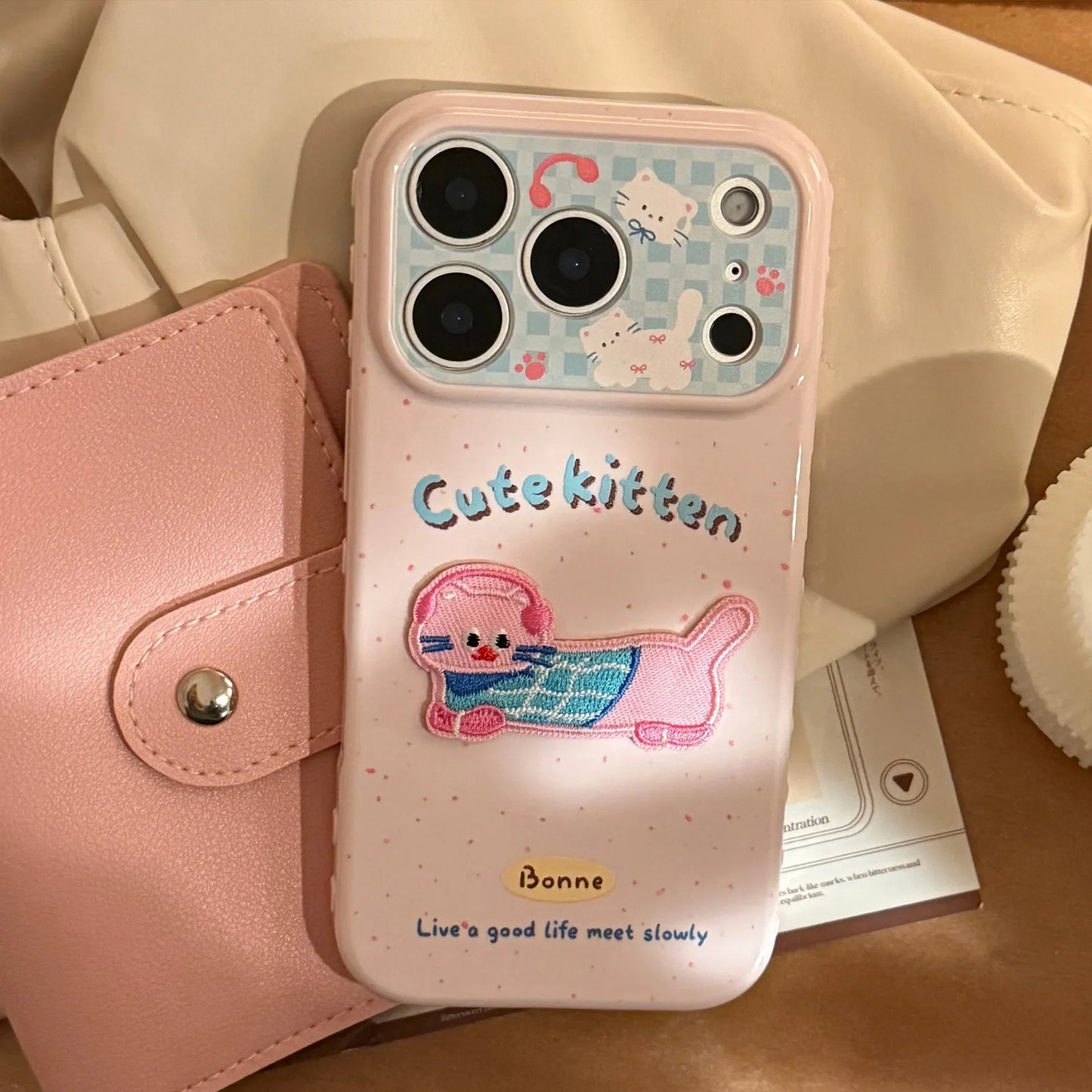 Korean Pink Splashed Ink 3D Cute Cartoon Embroidery Kitten Soft Phone Case For iPhone