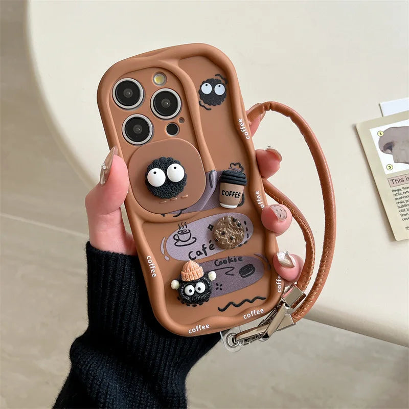 3D Cartoon Coffee With Wrist Strap Phone Case For iPhone