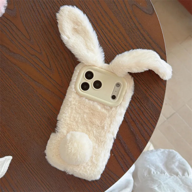 3D Cartoon Solid Colors Rabbit Furry Plush Phone Case For iPhone
