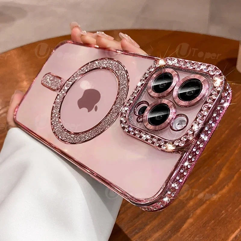 Fashion Girl Pink Crystal Glitter Transparent Magnetic Case
