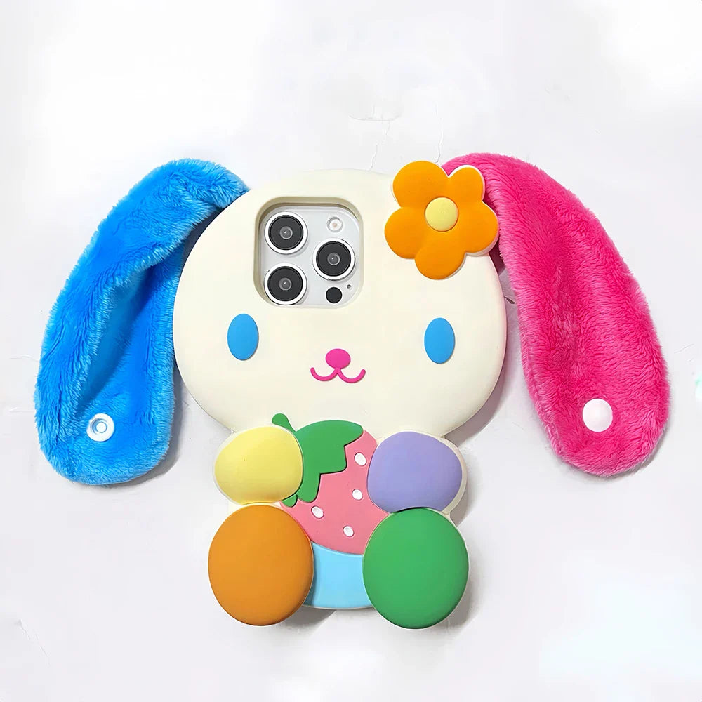 Rainbow Bunny Rabbit Soft Silicone Case 3D Cartoon Shockproof Cover With Strap Ear Phone Case