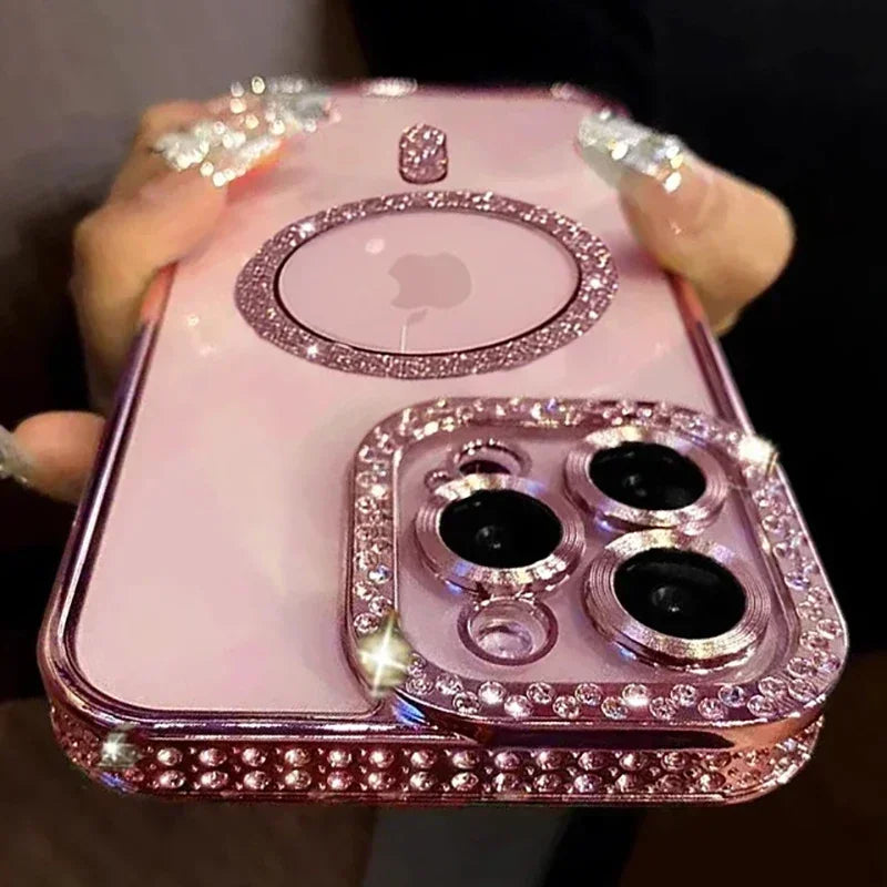 Fashion Girl Pink Crystal Glitter Transparent Magnetic Case