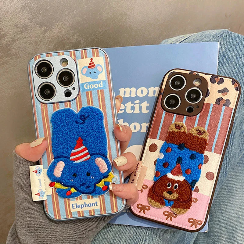 Cartoon Cute 3D Plush Elephant Puppy Drum Bag Leather Phone Case