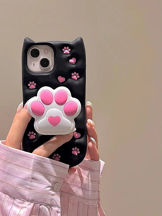 Cartoon Cute 3D Cat Paw Bracket Soft Silicone Phone Case