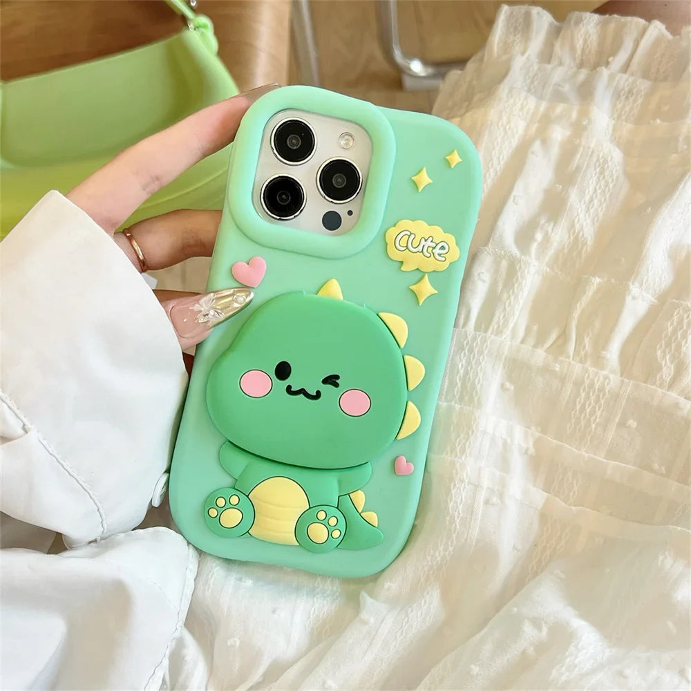 Cute Dinosaur Case Soft Silicone Cover With Holder&Mirror For iPhone
