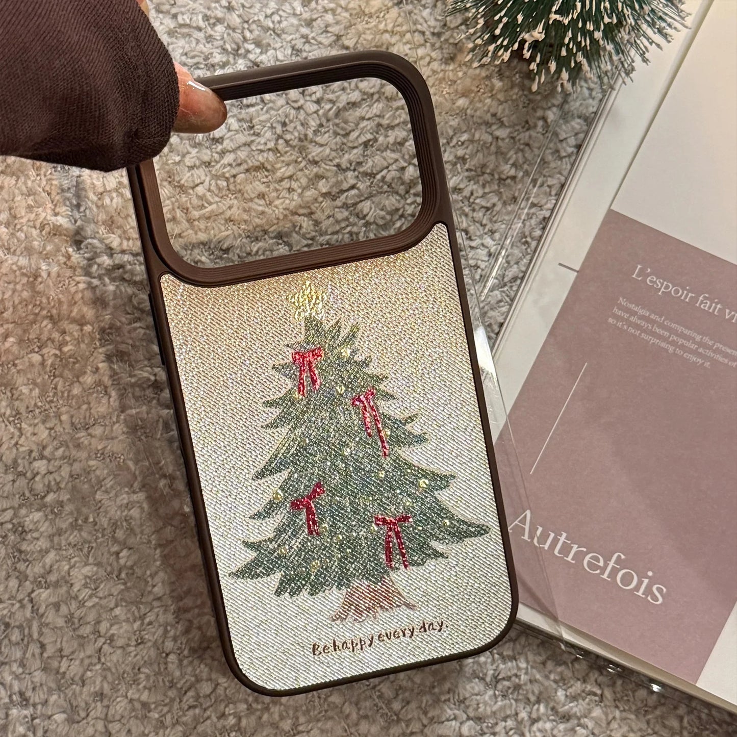 Korean Bowknot Christmas Tree Pattern Leather Texture Phone Case For iPhone