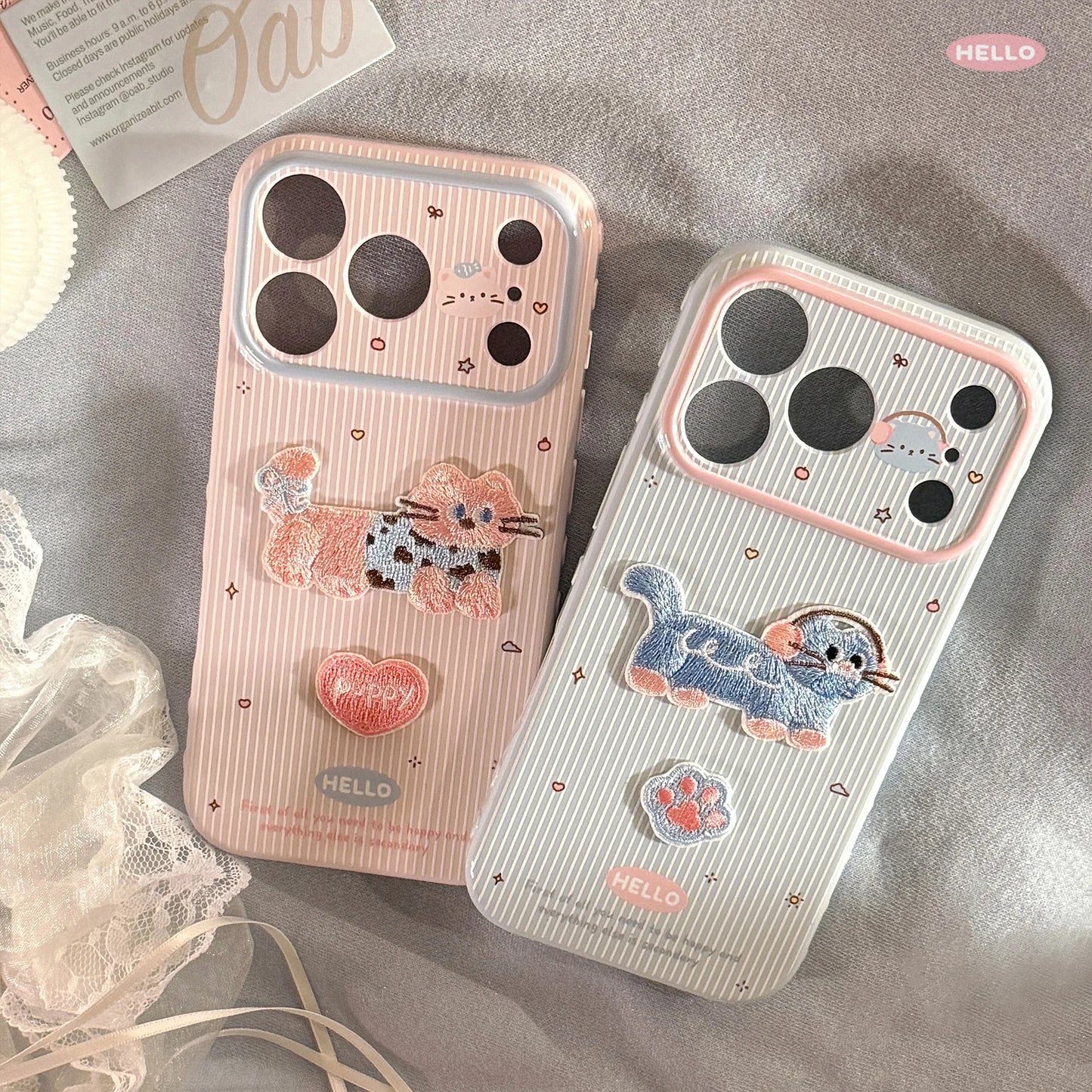 Korean Cartoon Embroidery Kitten Striped Couple Phone Case For iPhone