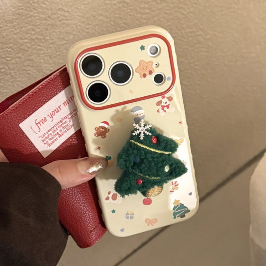Korean 3D Cartoon Christmas Tree Plush With Chain Phone Case For iPhone