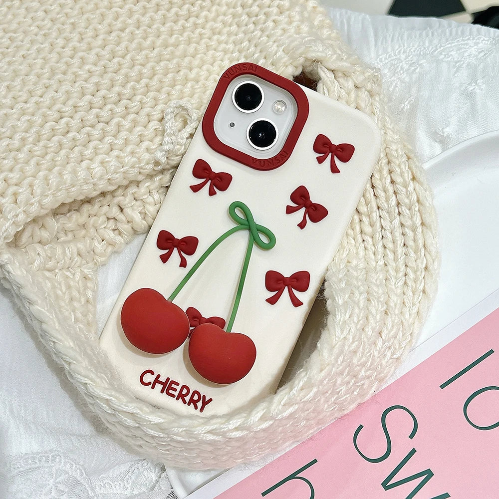 3D Bow Cherry Pendant Shockproof Cover Cartoon Shatter Silicone Soft Phone Case