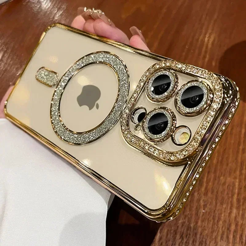 Fashion Girl Pink Crystal Glitter Transparent Magnetic Case