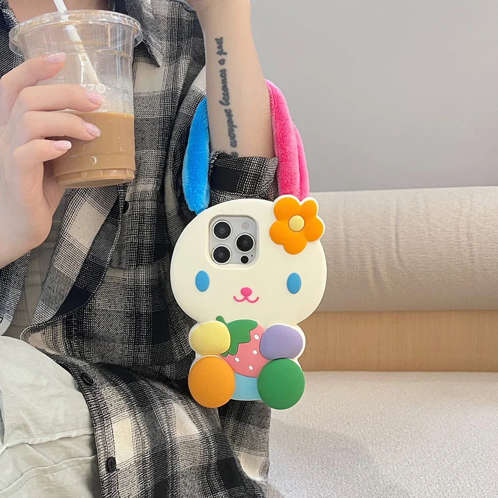 Rainbow Bunny Rabbit Soft Silicone Case 3D Cartoon Shockproof Cover With Strap Ear Phone Case