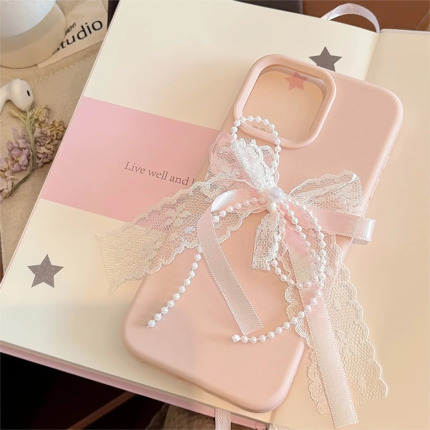 Korean Cute 3D Pearl Lace Silk Ribbon Bow Phone Case For iPhone