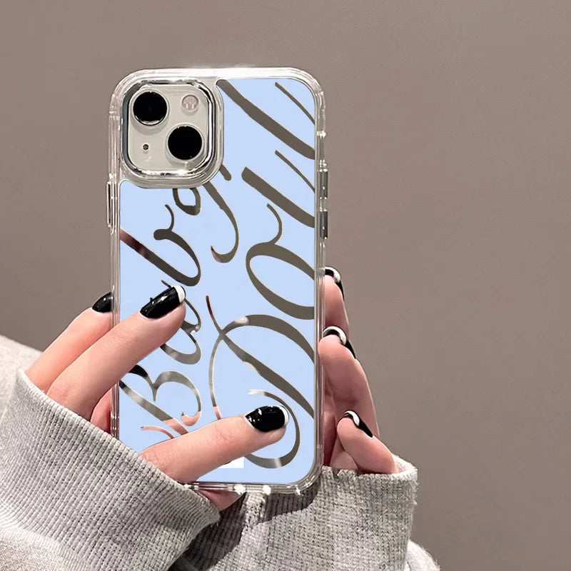 Blue Silver Plated Mirror English Transparent Frame Phone Case