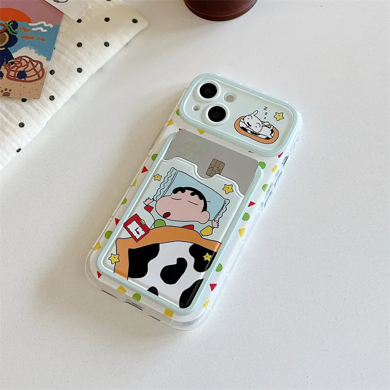 Cartoon Sleep Crayon Shin-chan Card Wallet Pocket Phone Case For iPhone