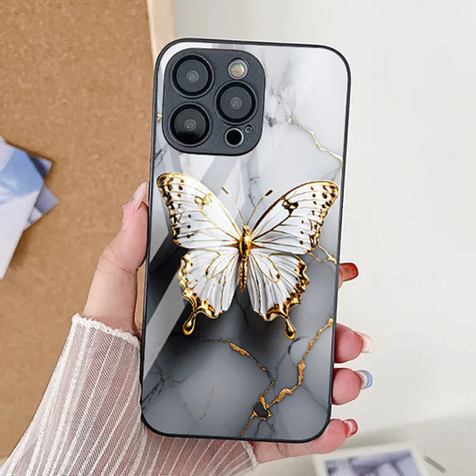 Silver Butterfly Tempered Glass Shockproof Cover Phone Case