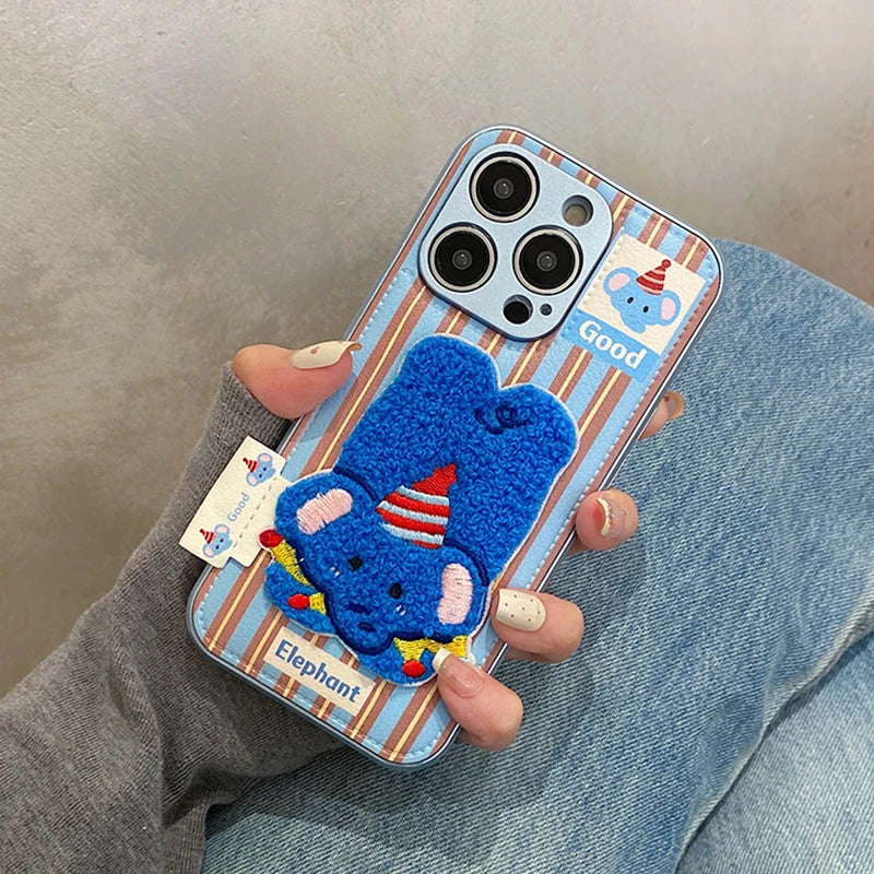 Cartoon Cute 3D Plush Elephant Puppy Drum Bag Leather Phone Case