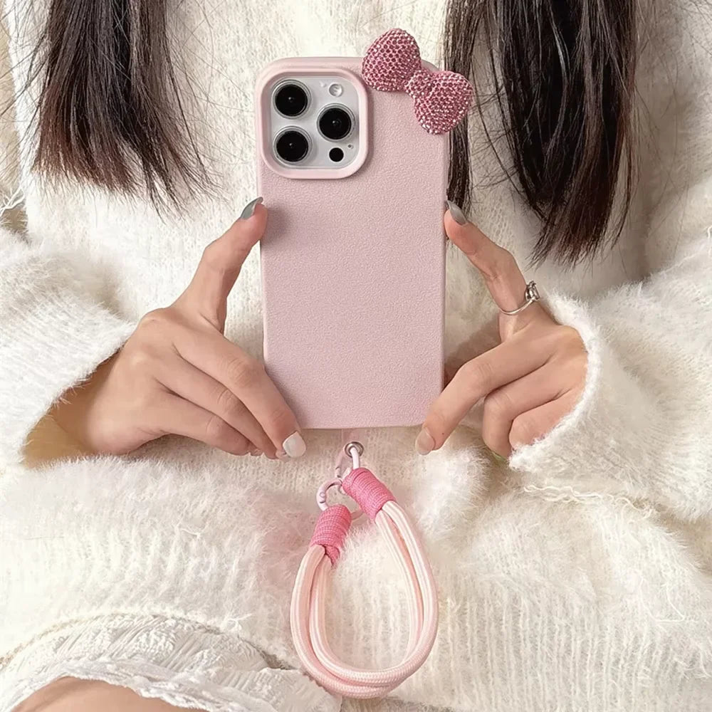 3D Rhinestone Bow Litchi Pattern Soft Phone Case