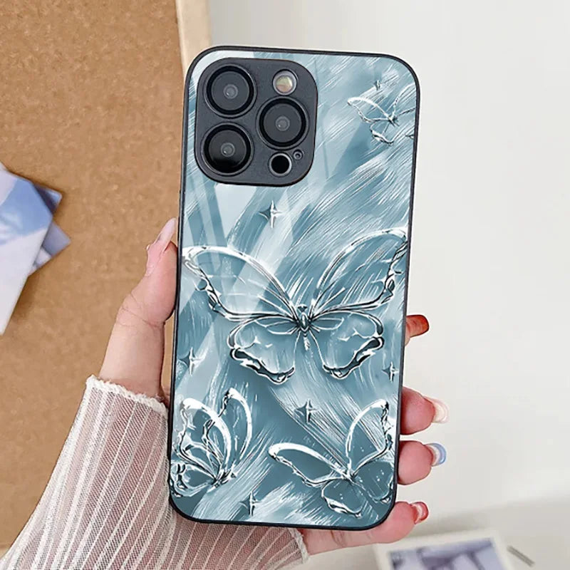 Silver Butterfly Tempered Glass Shockproof Cover Phone Case