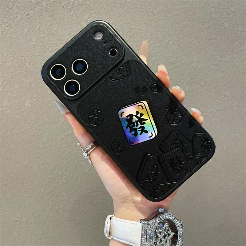 Luxury Cartoon Mahjong Get Rich Laser Leather Texture Couple Phone Case For iPhone