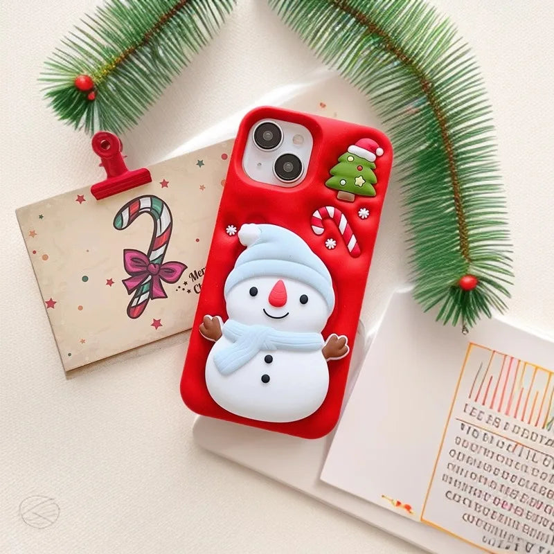 Cute 3D Cartoon Christmas Snow Man Telescopic Bracket Phone Case For iPhone