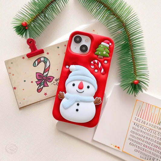 Cute 3D Cartoon Christmas Snow Man Telescopic Bracket Phone Case For iPhone