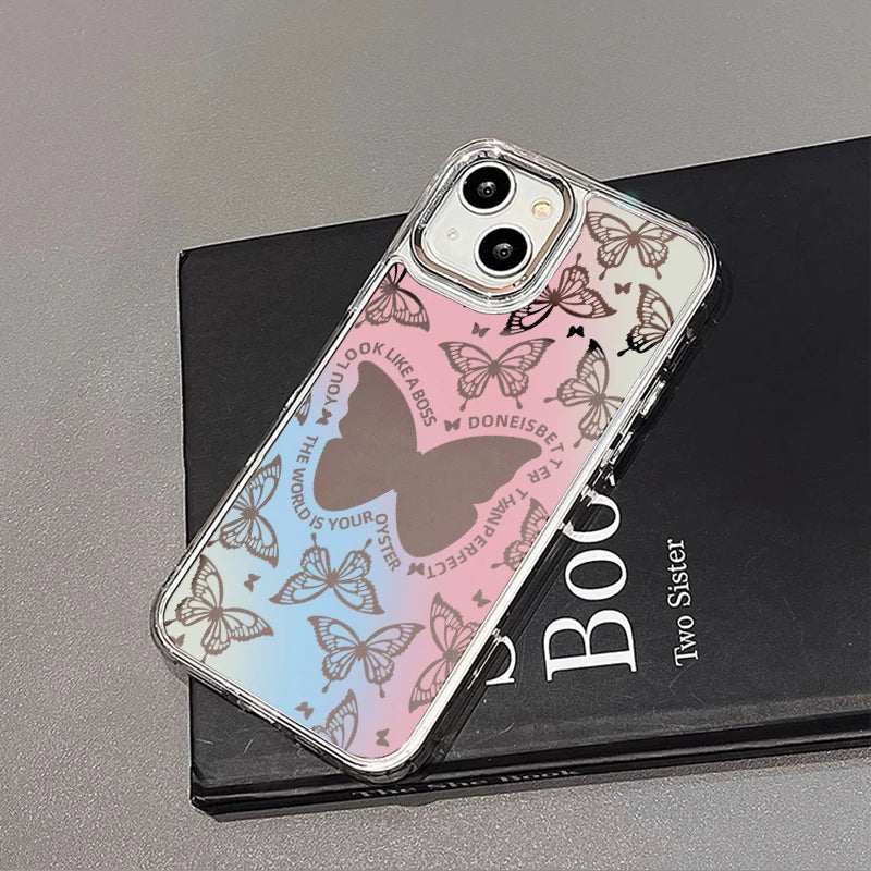 Blue Silver Plated Mirror English Transparent Frame Phone Case