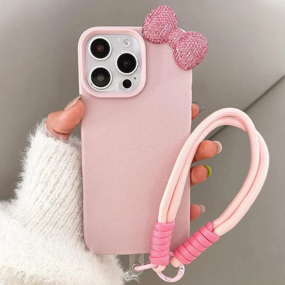 3D Rhinestone Bow Litchi Pattern Soft Phone Case
