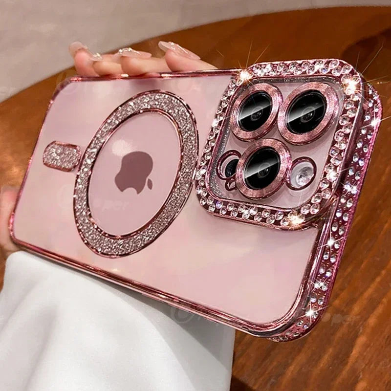 Fashion Girl Pink Crystal Glitter Transparent Magnetic Case