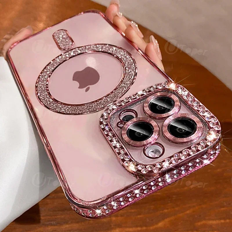 Fashion Girl Pink Crystal Glitter Transparent Magnetic Case