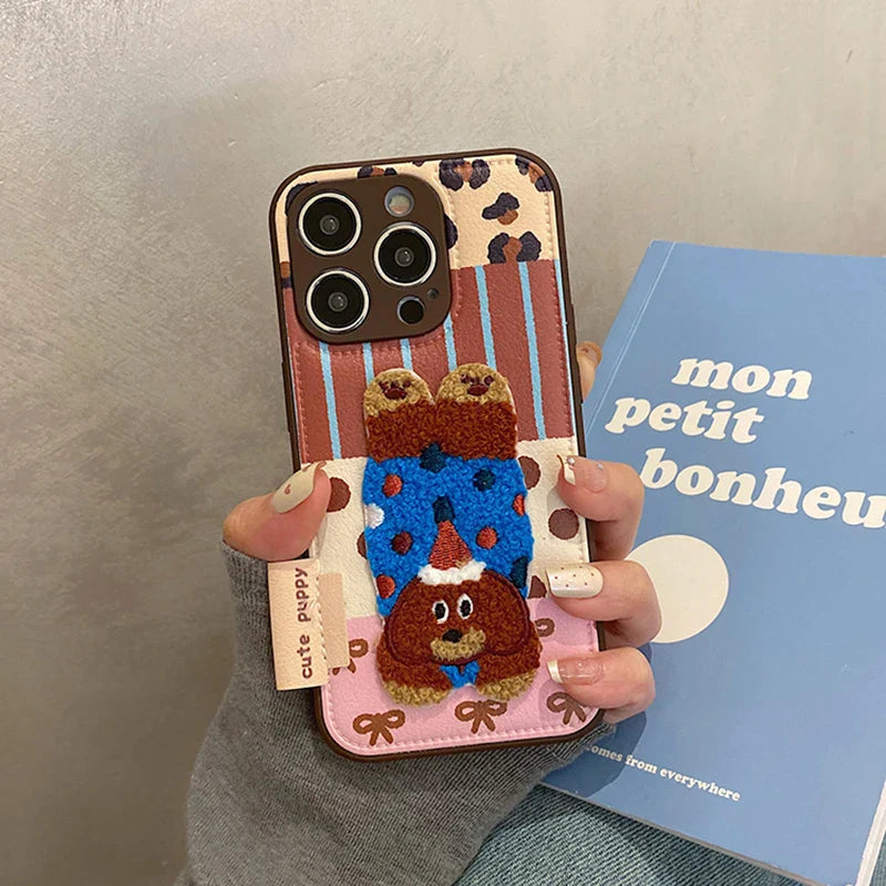 Cartoon Cute 3D Plush Elephant Puppy Drum Bag Leather Phone Case