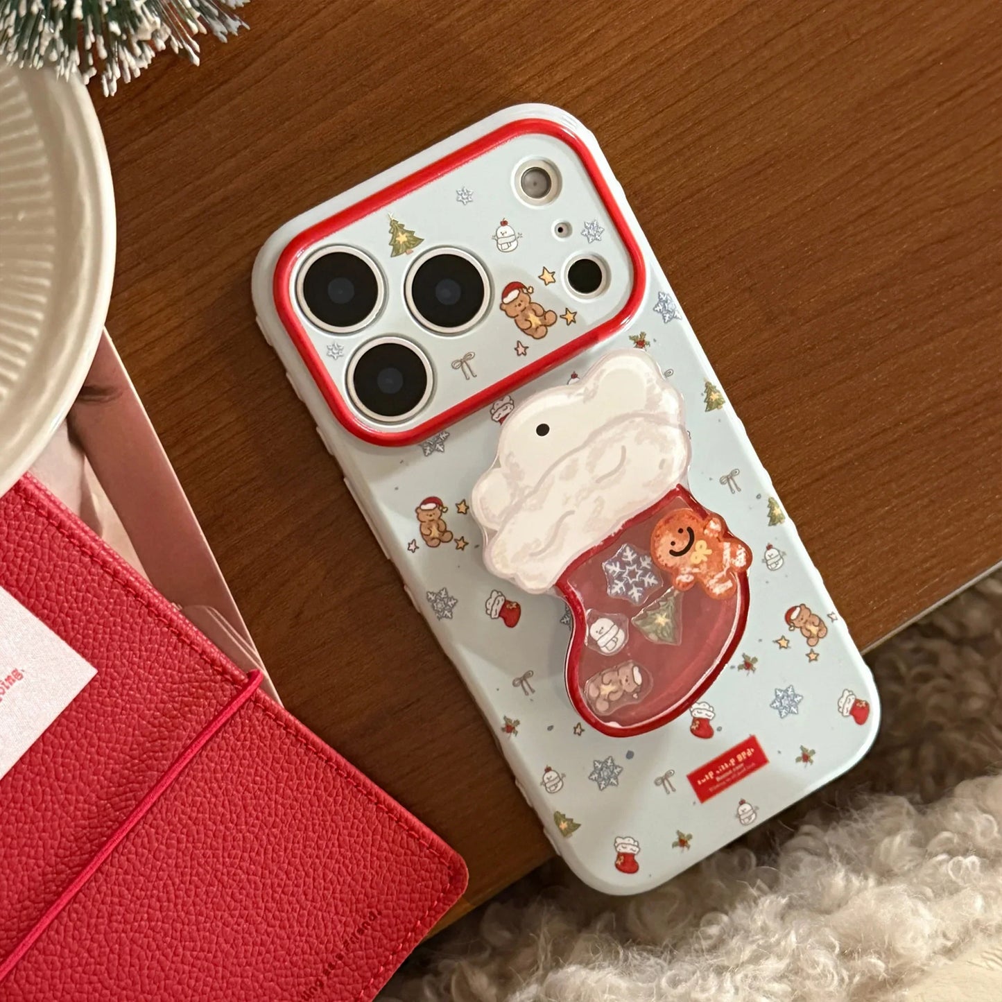 Cute Cartoon Christmas Sock Quicksand Shake Holder Phone Case For iPhone