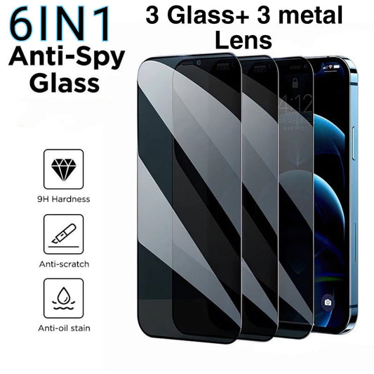 6in1 3Pcs Privacy Anti-blue Ray Screen Protector  +3 Metal Camera Lens For iPhone 17 16 15 14 13